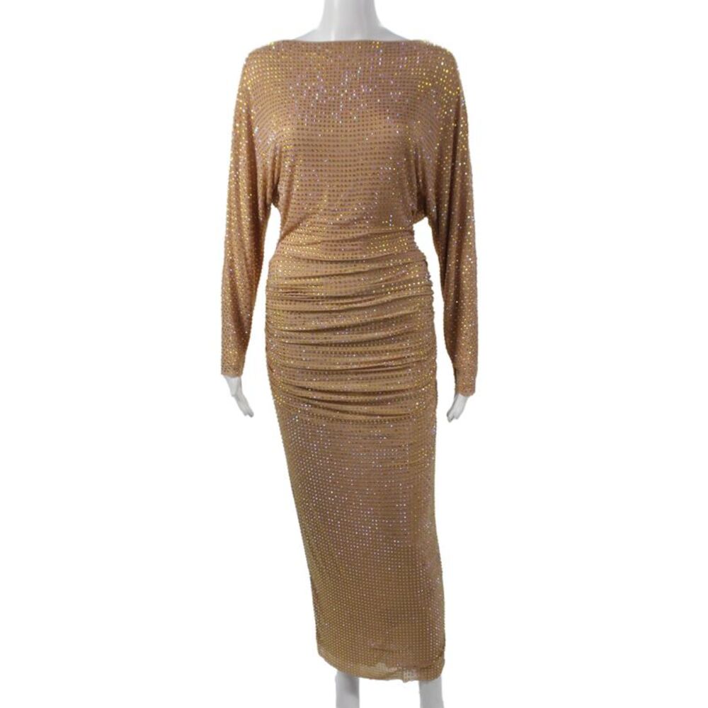 Self Portrait Women Gold Bodycon Long Sleeve Full Length Dress Size 2